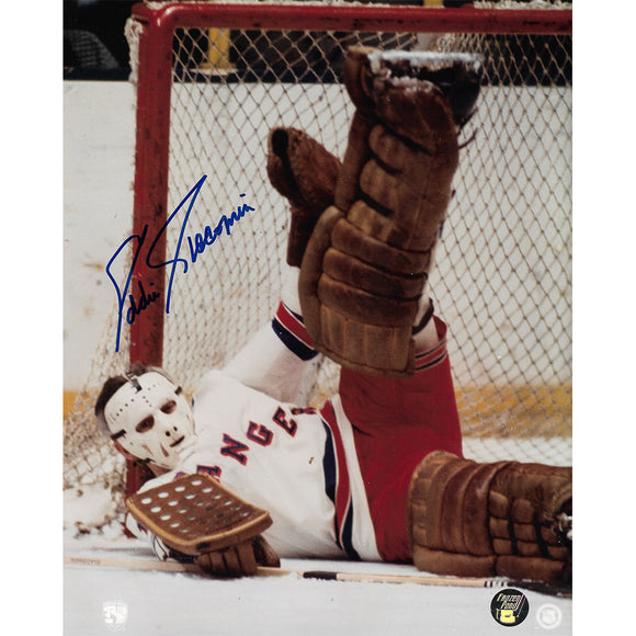 Ed Giacomin Autographed New York Rangers 8X10 Photo (Kick Save)