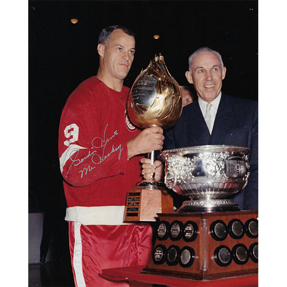 Gordie Howe Autographed Detroit Red Wings 8X10 Photo (Color w/Trophies)