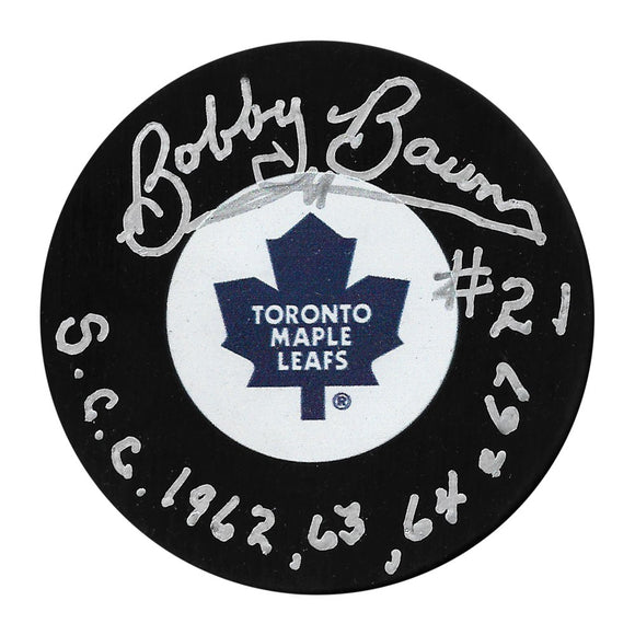 Bobby Baun (deceased) Autographed Toronto Maple Leafs Puck w/Inscription