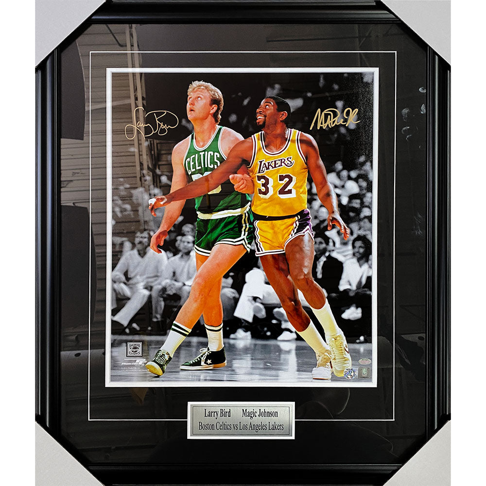 Framed Magic Johnson, Larry Bird Dual Signed 16 x 20 In the Post  Photograph