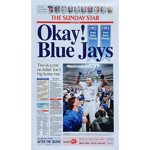Joe Carter Autographed Toronto Blue Jays 17.5X30 Photo