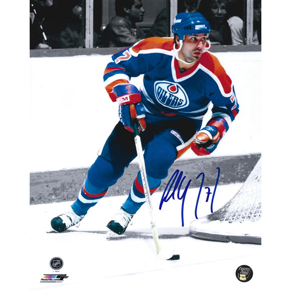 Paul Coffey Autographed Edmonton Oilers 8X10 Photo (B+W Background)