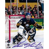 Dominik Hasek Autographed Buffalo Sabres 8X10 Photo (Blue Jersey w/"HOF 14")