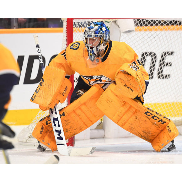 Pre-Order - Juuse Saros Autographed Nashville Predators 8X10 Photo (Blue Helmet)