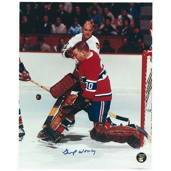 Gump Worsley (deceased) Autographed Montreal Canadiens 8X10 Photo (vs. Chicago)