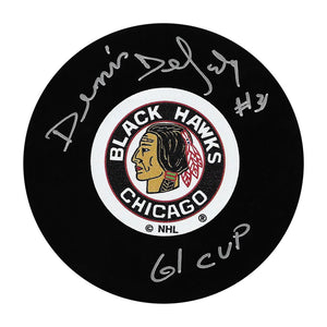 Denis DeJordy Autographed Chicago Blackhawks Puck w/"61 CUP"