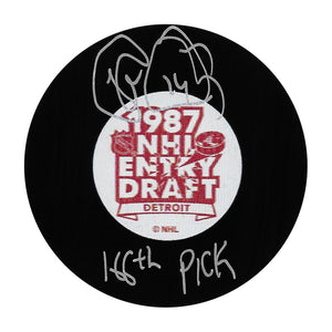 Theo Fleury Autographed 1987 NHL Draft Puck w"166th Pick"