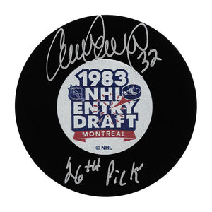 Claude Lemieux Autographed 1983 NHL Draft Puck w/"26th Pick"