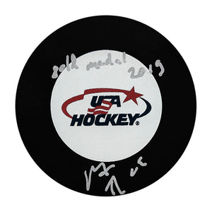 Matthew Tkachuk Autographed Team USA Puck w/"Gold Medal 2019"