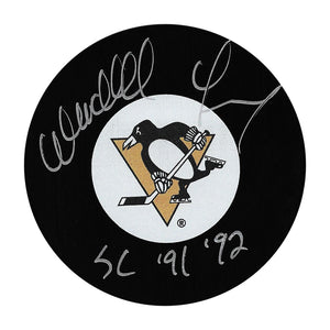 Wendell Young Autographed Pittsburgh Penguins Puck w/"SC '91 '92"