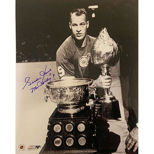 Gordie Howe Autographed 11X14 Photo (w/Hart & Art Ross Trophies)