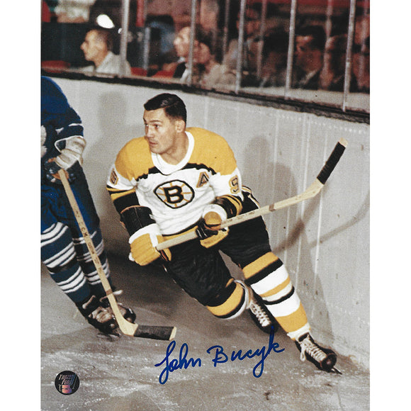John Bucyk Autographed Boston Bruins 8X10 Photo (vs. Leafs)