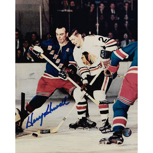 Harry Howell (deceased) Autographed New York Rangers 8X10 Photo (vs. Chicago)