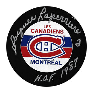 Jacques Laperriere Autographed Montreal Canadiens Puck (Old Logo)