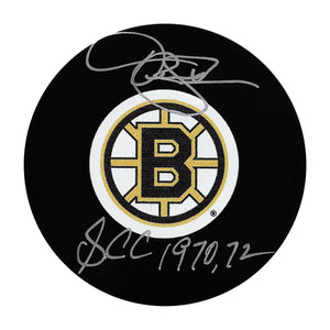 Derek Sanderson Autographed Boston Bruins Puck w/"SCC 1970, 72"