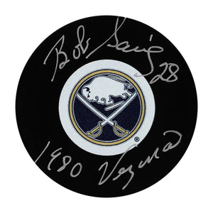Bob Sauve Autographed Buffalo Sabres Puck w/"1980 Vezina"