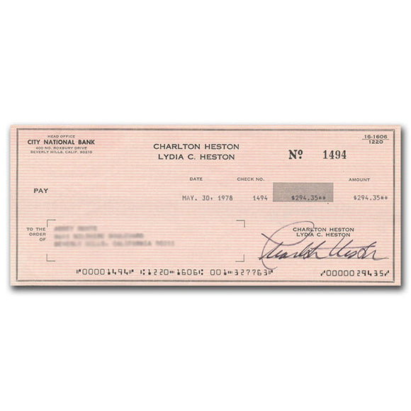 Charlton Heston (deceased) Autographed Cheque