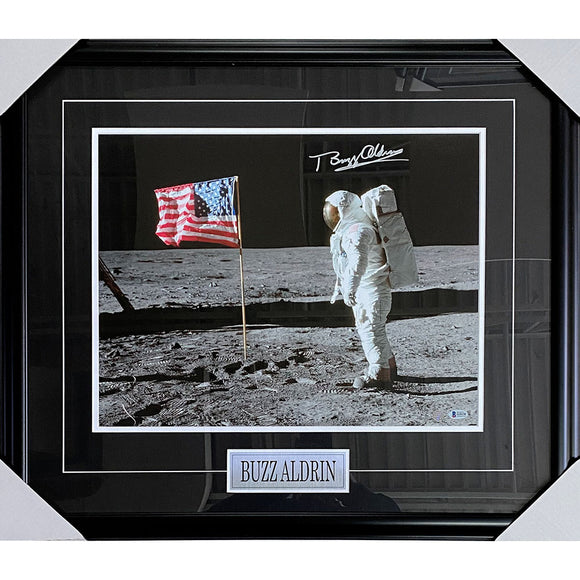 Buzz Aldrin Framed Autographed 16X20 Photo (w/Flag)