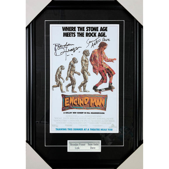 Brendan Fraser/Sean Astin Framed Autographed 'Encino Man' 11X17 Movie Poster