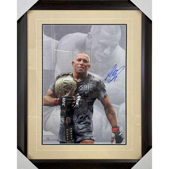 Georges St-Pierre Autographed Framed UFC 16X24 Canvas Print (w/Belt)