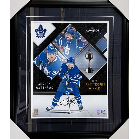 Auston Matthews Framed Autographed Toronto Maple Leafs 16X20 Photo (Hart Trophy Collage)