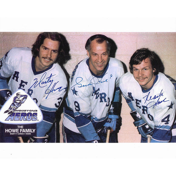 Gordie, Marty, and Mark Howe Autographed Houston Aeros 8X10 Photo